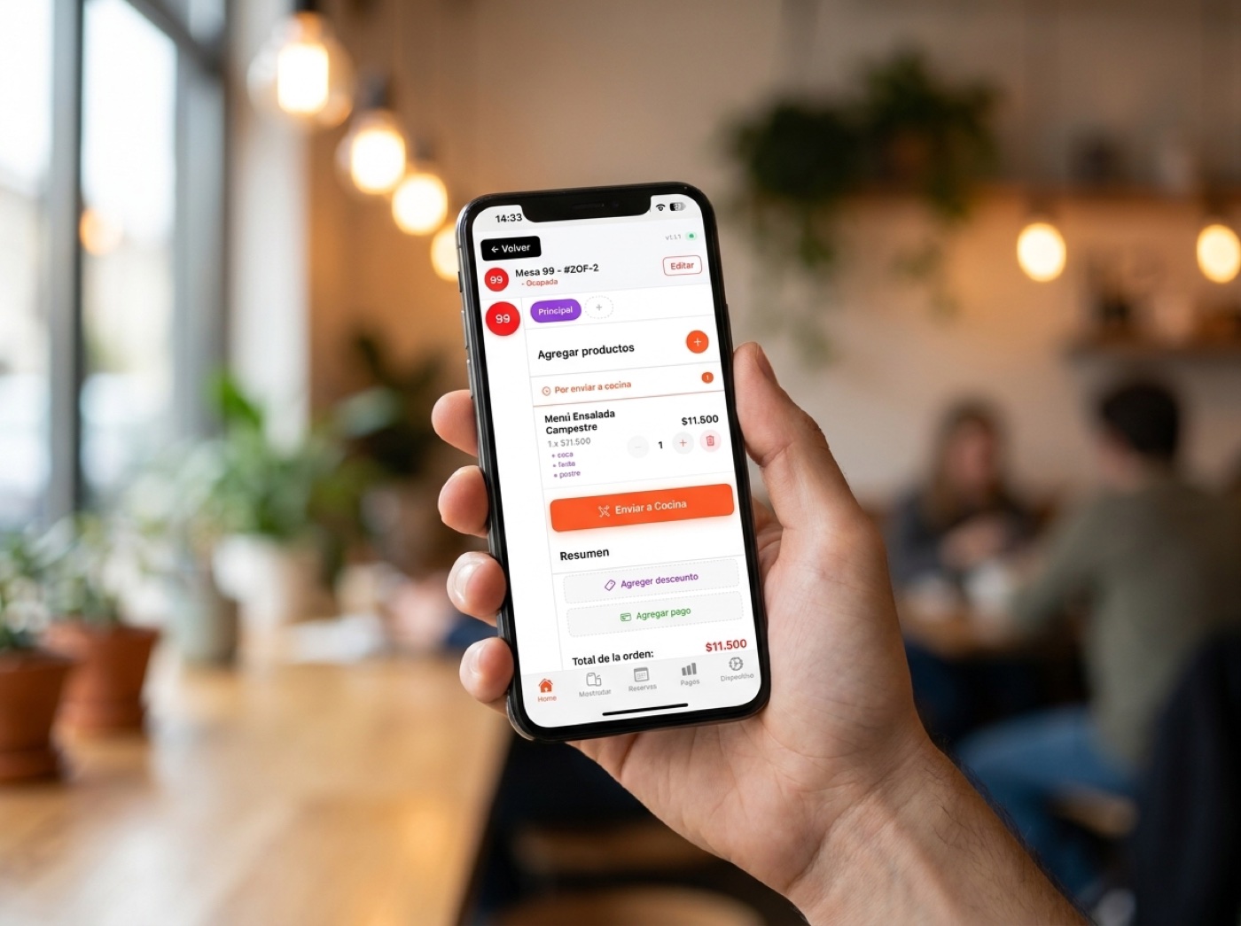 App Bites en la mano — toma de pedido, Mesa 99, enviar a cocina